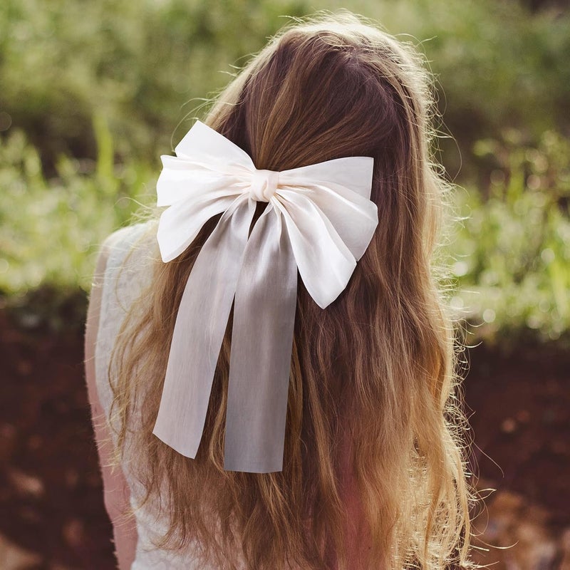 STSTR 2Pcs Large Hair Bow Clips, Beige Silk Yarn Ribbon Bow Hair Barrette for Women, Elegant Long Tail Bowknot French Accessories for Wedding, Parties, Festivals - Style 2 - Image 5